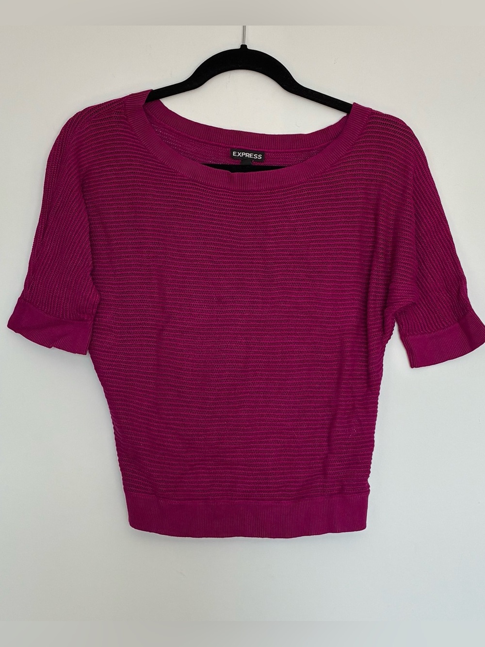 Express Women's Ribbed Off the shoulder Knit Sweater in Fuchsia size small
